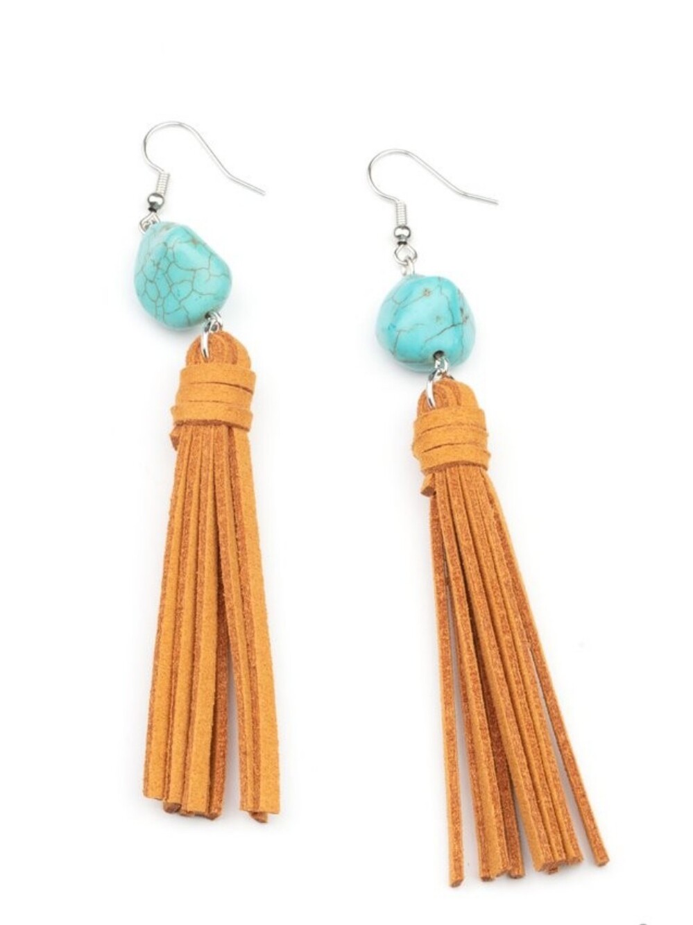 Turquoise Stone and Tan Suede Tassel Earrings